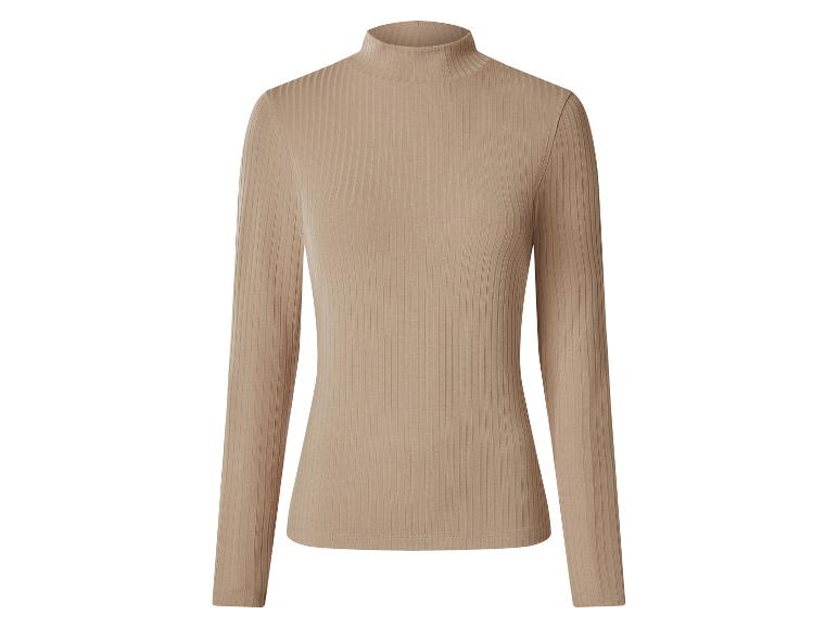 Beige, geribbelde damestrui met col en lange mouwen.
