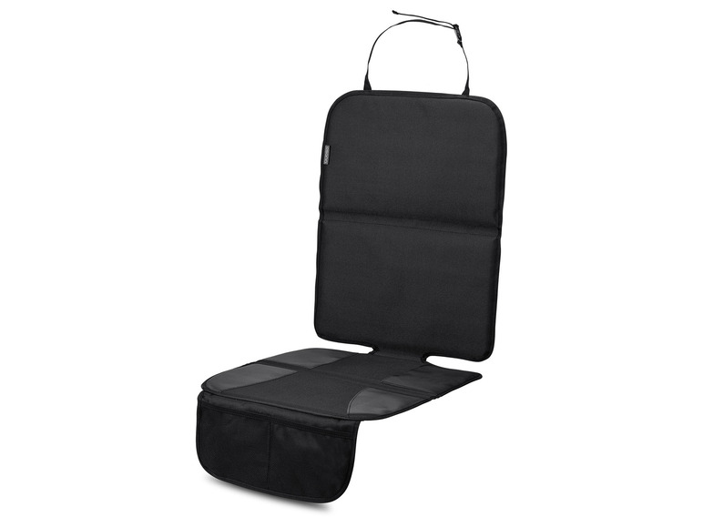 Een zwarte autostoelbeschermer met opbergvakken van het merk UDEAR.
