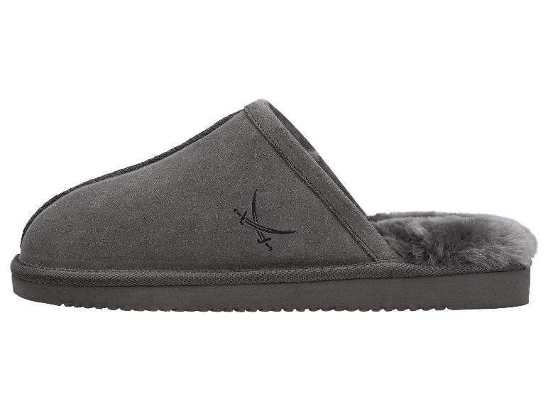 Grijze suède pantoffels met bontvoering en geborduurd logo