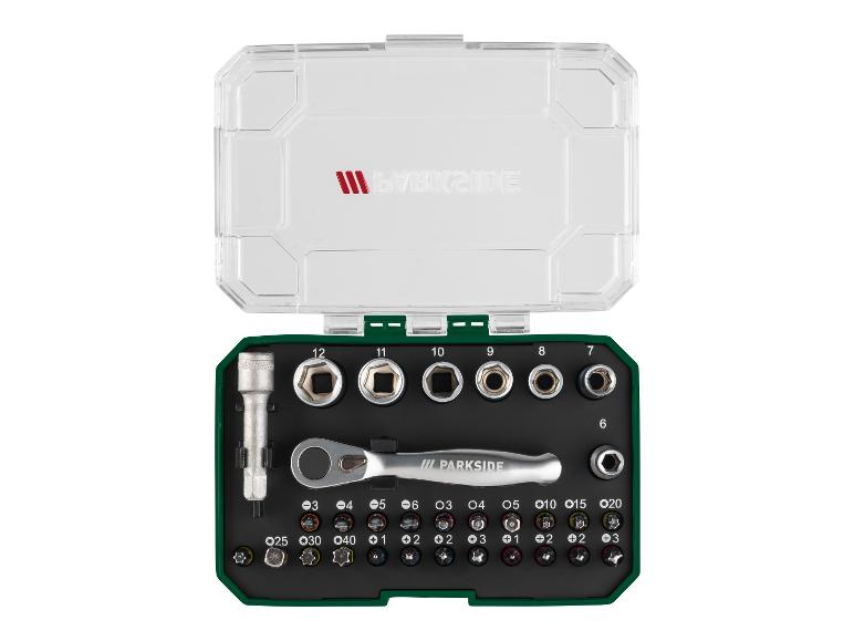 Parkside dopassende sockets en ratel in een transparante koffer.