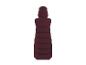 Lange, donkerrode gewatteerde bodywarmer met capuchon, achteraanzicht.