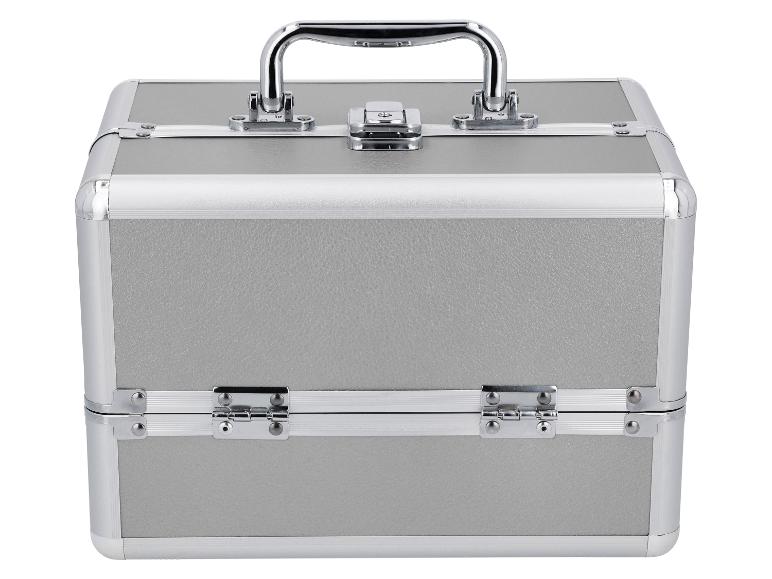 Zilveren make-upkoffer met handvat en metalen sluitingen