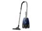 Een blauwe Philips PowerGo stofzuiger met telescopische buis en vloerzuigmond.