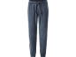 Donkerblauwe fluwelen broek met trekkoord in de taille en boorden bij de enkels.