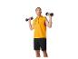 Man sportend met Crivit dumbbells en oranje sportkleding.