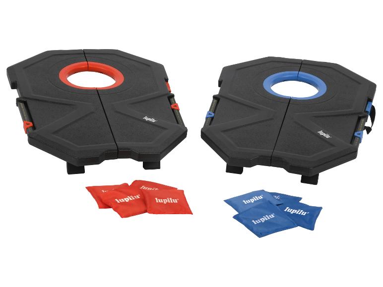 Twee zwarte cornhole-borden met rode en blauwe ringen, en bijpassende zitzakken.