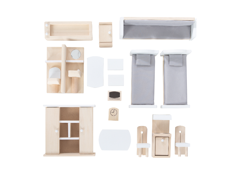 Houten speelgoedmeubels voor een poppenhuis.