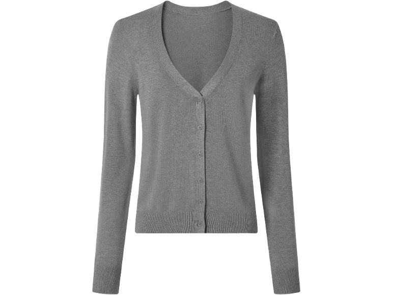 Grijze cardigan met lange mouwen, V-hals en knoopsluiting.