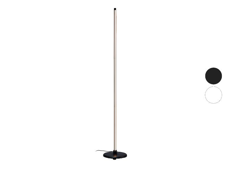 Zwarte LED vloerlamp met ronde voet en twee kleuropties.
