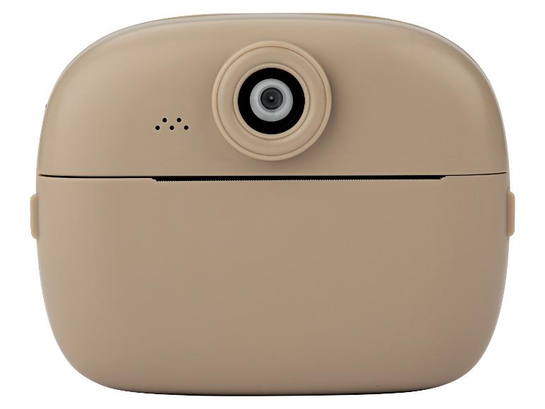 Beige instantcamera met lens en luidsprekeropeningen