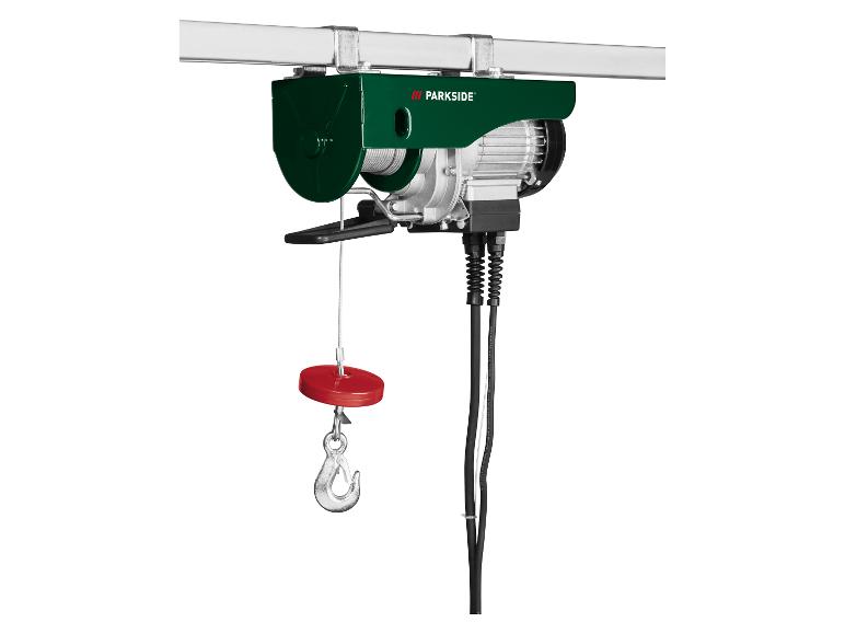 PARKSIDE elektrische draadkabeltakel met haak en rood gewicht, gemonteerd aan een metalen balk.