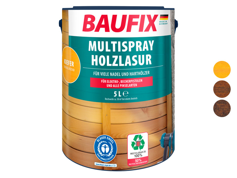 Baufix Multispray Holzlasur voor hout, in de kleuren Kiefer, donker en lichtbruin.