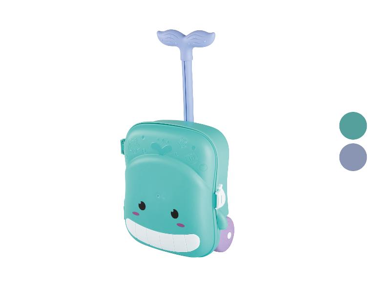 Turquoise kinderkoffer met walvisgezicht en uitschuifbare handgreep.