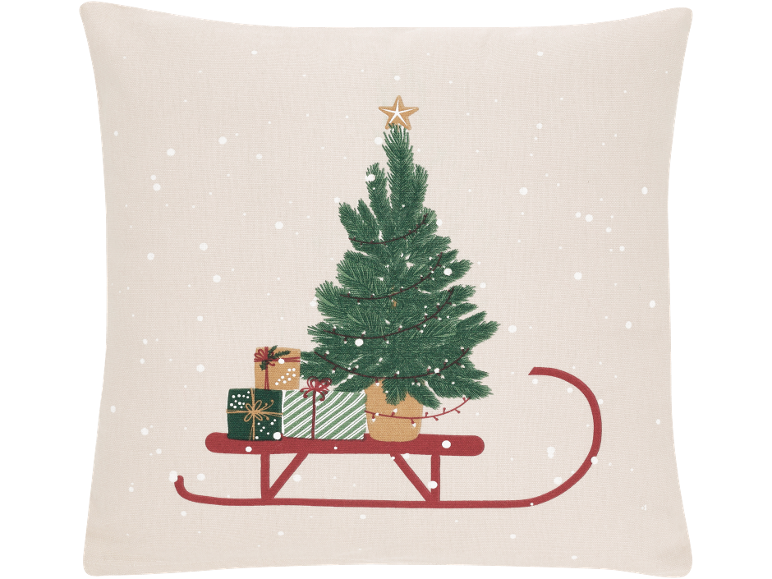 Kerstkussen met slee, kerstboom, cadeaus en sneeuwvlokken