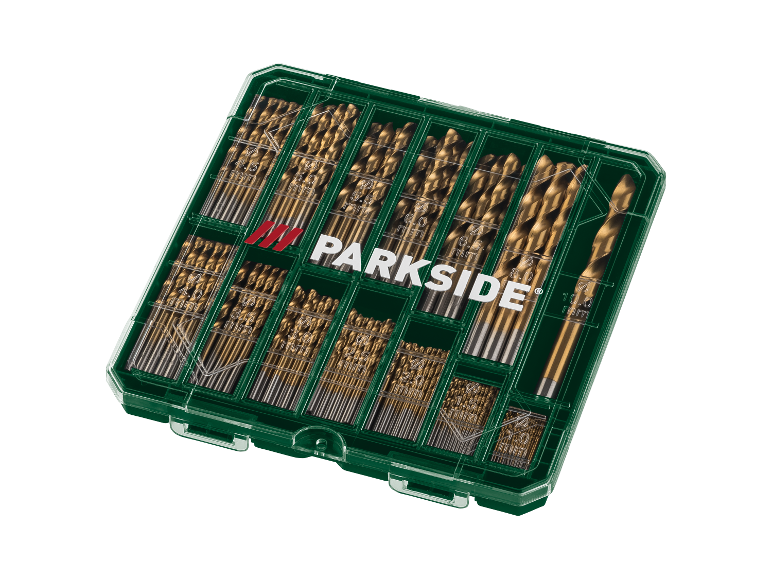 Parkside boorset in een plastic koffer.