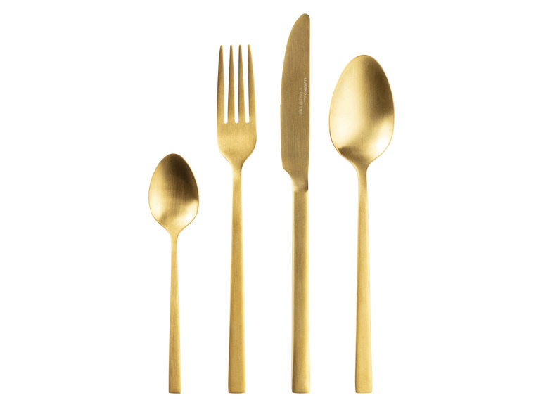 Een gouden vork, mes en lepel van Livarno Home.