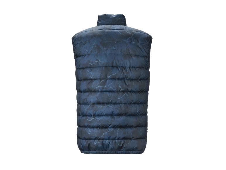 Blauwe gewatteerde herenbodywarmer met bliksemprint