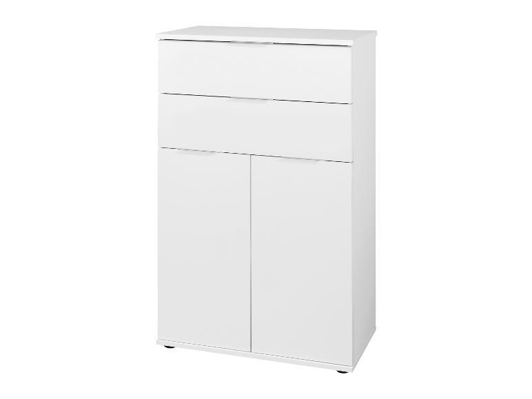 Witte kast met twee deuren en drie laden.