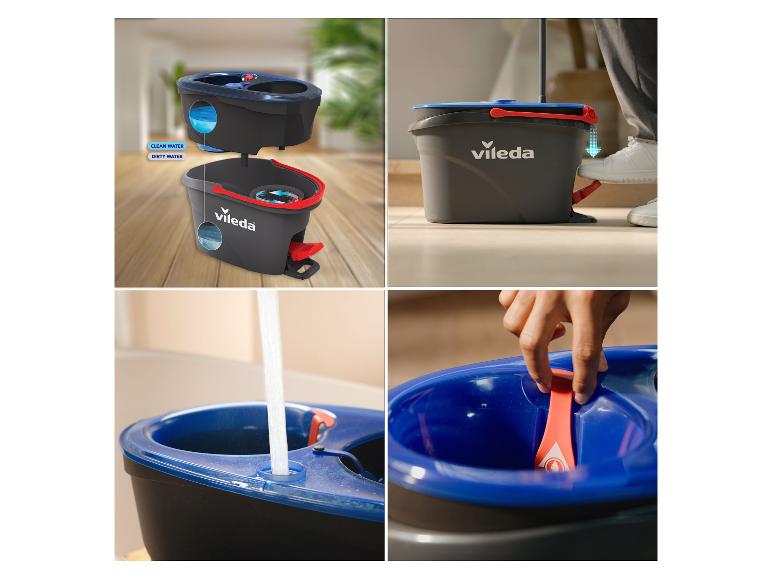 Vileda dweilemmer met aparte compartimenten voor schoon en vuil water, en voetpedaal.