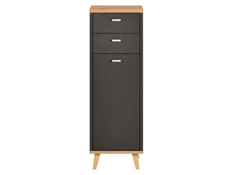 Moderne ladekast met drie compartimenten, donkergrijze afwerking, houten blad en poten