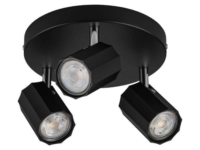 Zwarte plafondlamp met drie verstelbare LED-spots.