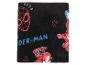 Zwarte Spider-Man deken met rood spinnenlogo en blauwe letters.