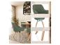 Groene stoffen eetkamerstoelen met houten poten rond een ronde tafel.