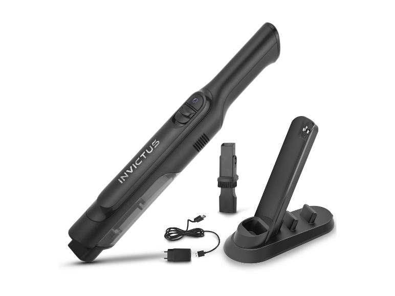 Invictus kruimeldief met laadstation, borstelopzetstuk en oplaadkabel.