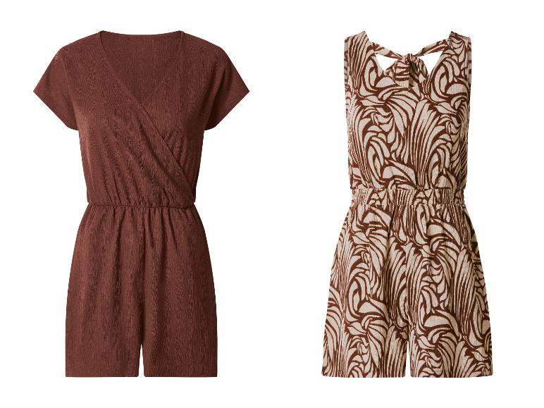 Twee dames jumpsuits: een bruine met korte mouwen en een beige met bruin patroon.
