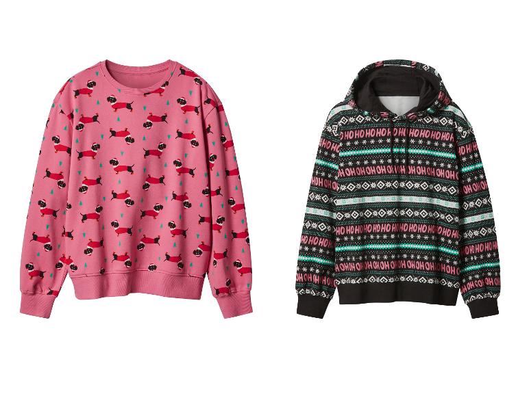 Twee feestelijke truien: een roze met teckels in kerstmutsen en een zwarte hoodie met een fair isle patroon.