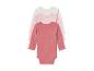 Drie baby longsleeve rompers in roze, lichtroze en wit.