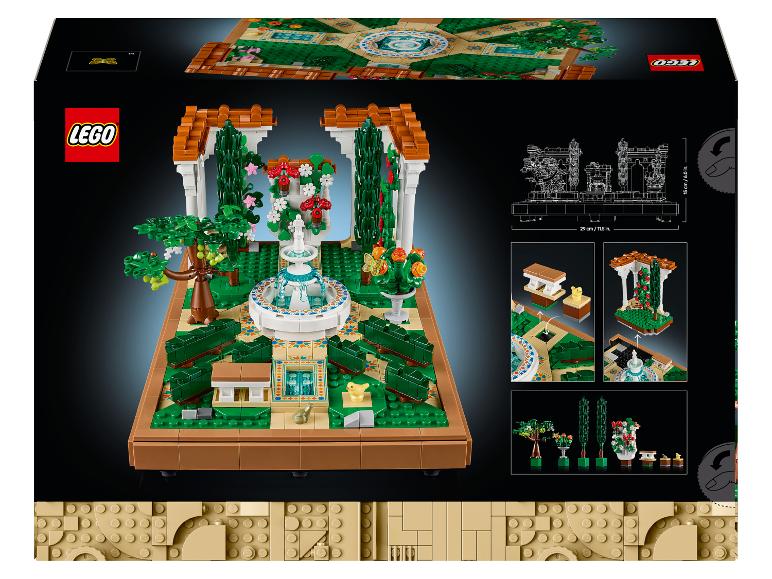 Doos van een LEGO set met een modulaire tuin, fontein en accessoires.