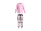 Roze pyjamatop met lange mouwen met croissantafbeelding en geruite pyjamabroek