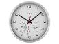 Een witte wandklok met thermometer en hygrometer, met een zilveren frame.