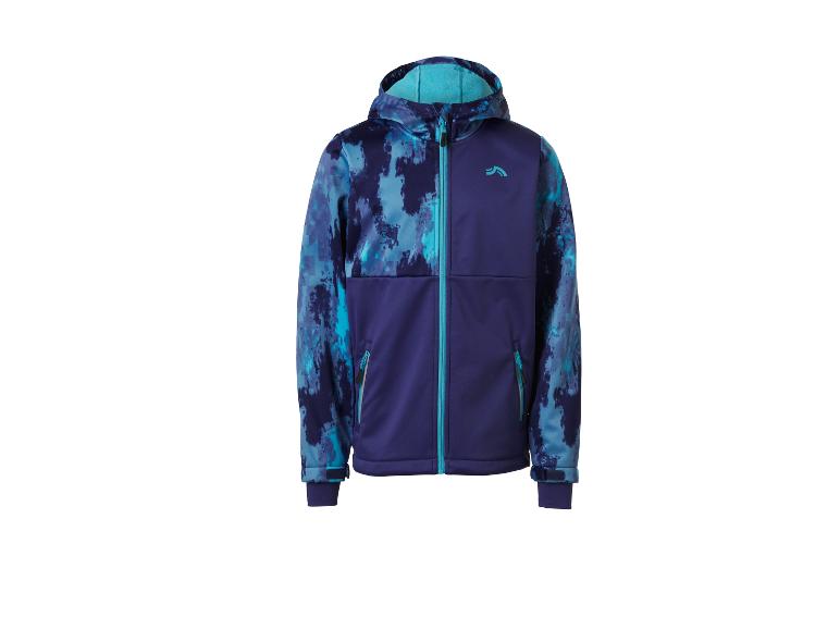 Softshell jongensjas met capuchon in blauwe en paarse tinten, met rits en zakken.