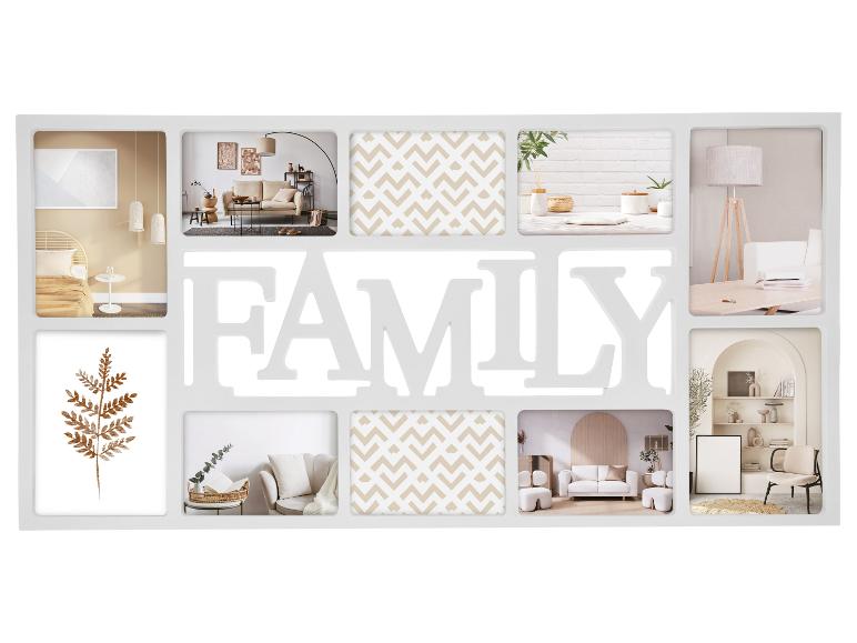 Witte fotolijst met meerdere openingen die 'FAMILY' spellen, met diverse interieurafbeeldingen.