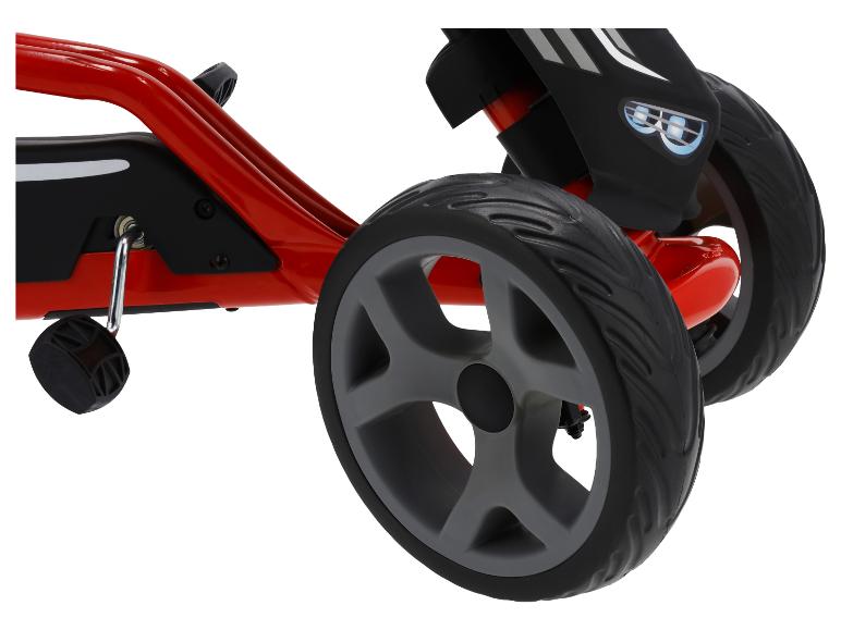 Rode driewieler voor kinderen met zwarte wielen en details