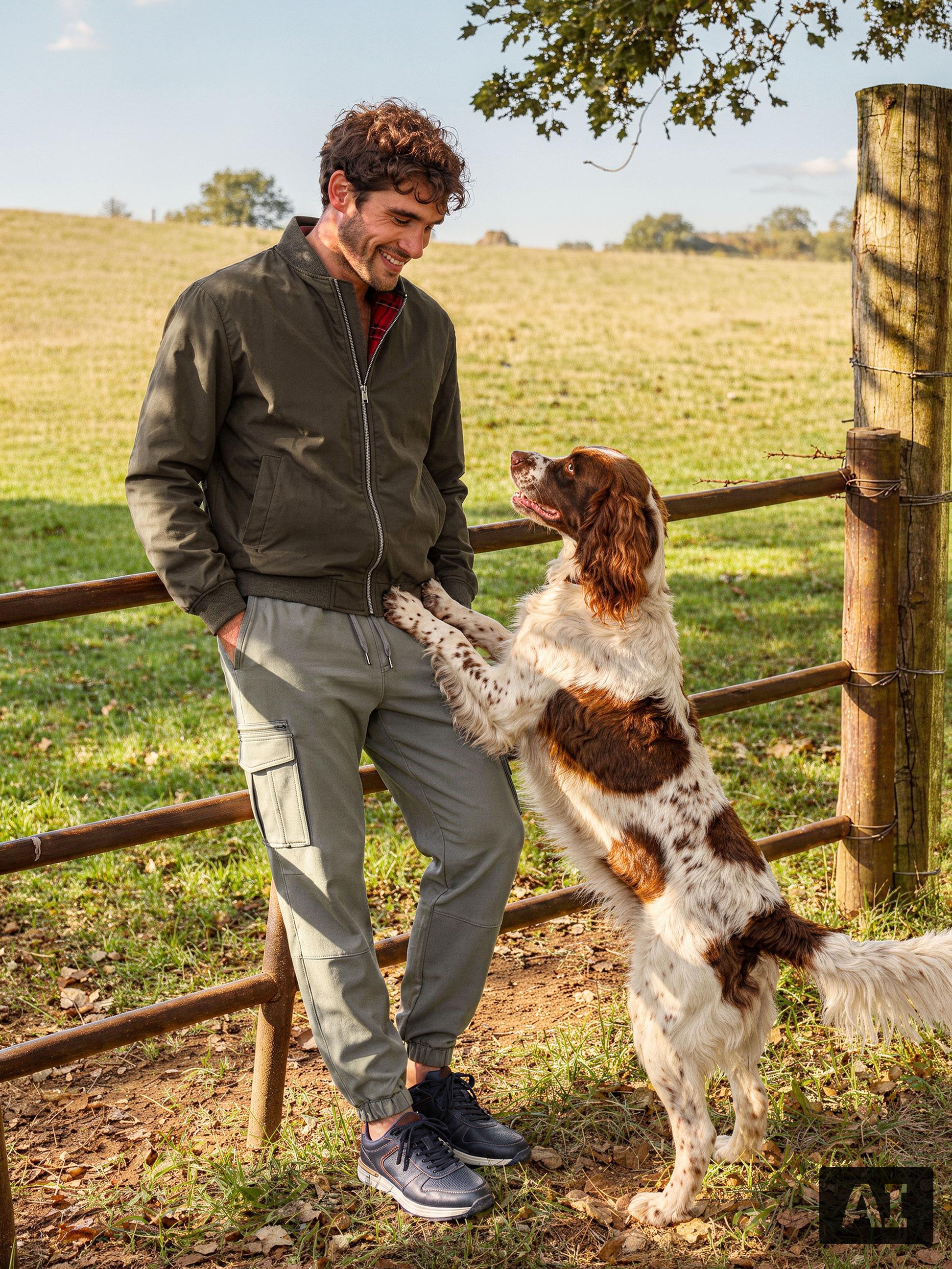 Man in olijfgroen jack en grijze broek speelt met hond op het platteland.