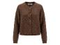 Bruin gebreid vest met knopen, lange mouwen en een ronde hals.