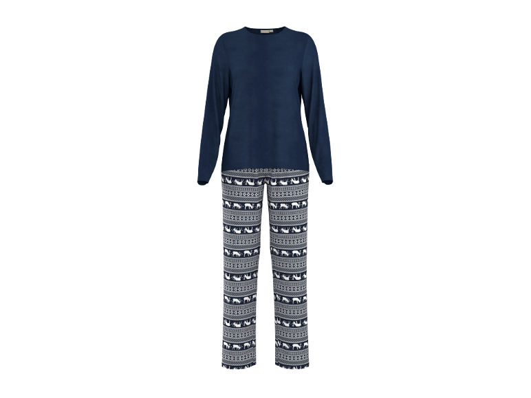 Donkerblauwe damespyjama met lange mouwen en broek met kerstmotief
