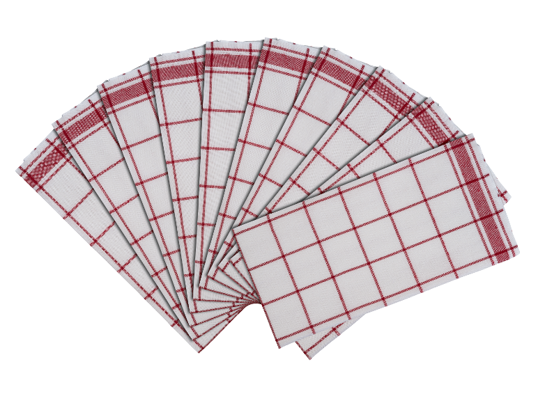 Een set witte en rode geruite theedoeken.