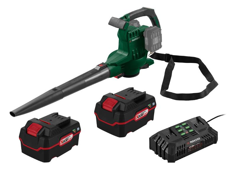 Parkside draadloze bladblazer met twee accu's en een oplader.