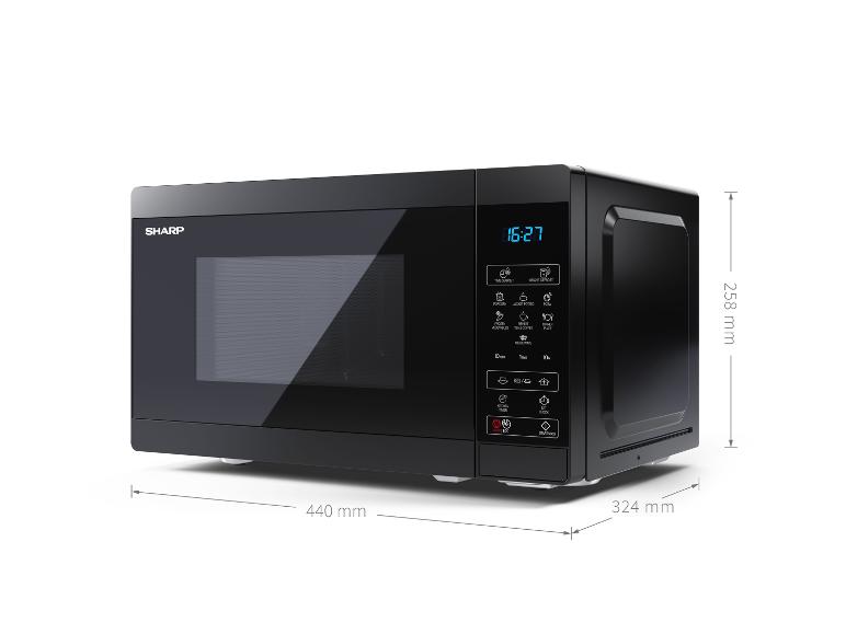 Zwarte Sharp magnetron met digitaal display en bedieningsknoppen, met afmetingen.