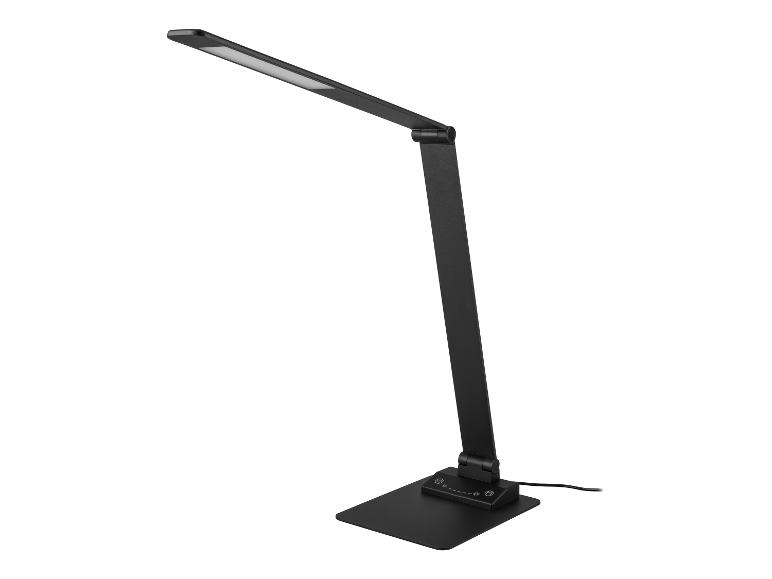 Zwarte LED-bureaulamp met verstelbare arm en aanraakbedieningspaneel op de voet.