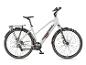 Lichtgrijze elektrische fiets met bagagedrager en zwarte banden.