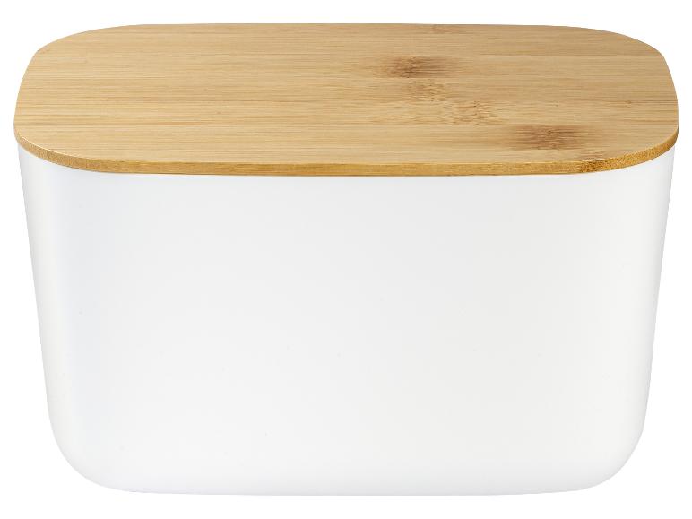 Witte opbergdoos met een lichtbruin houten deksel