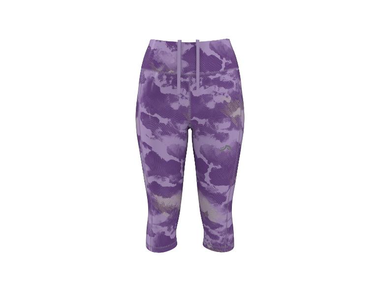 Paarse sportcapri legging met abstract patroon en trekkoord.
