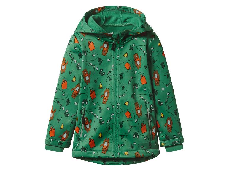 Groen softshell jack voor kinderen met berenprint.