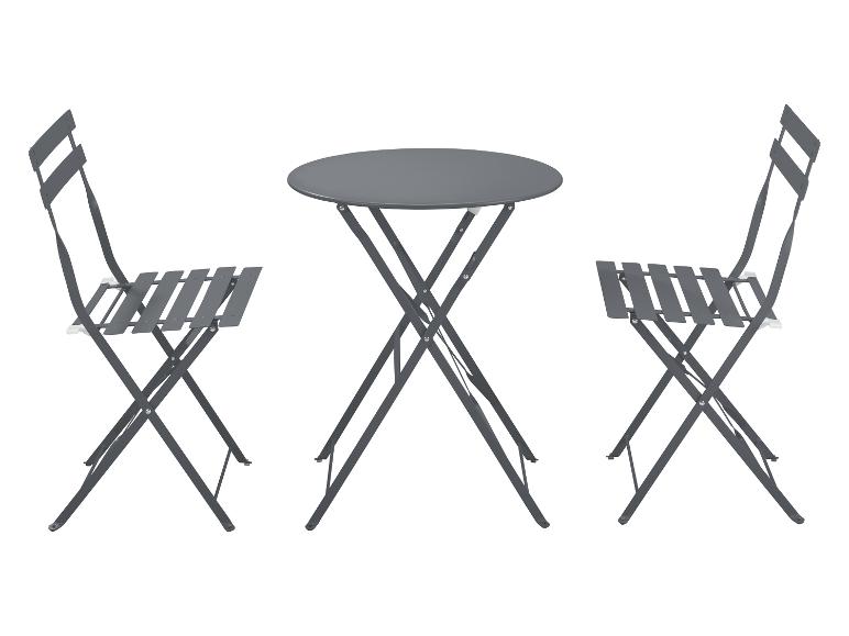 Grijze bistroset met een ronde tafel en twee klapstoelen.