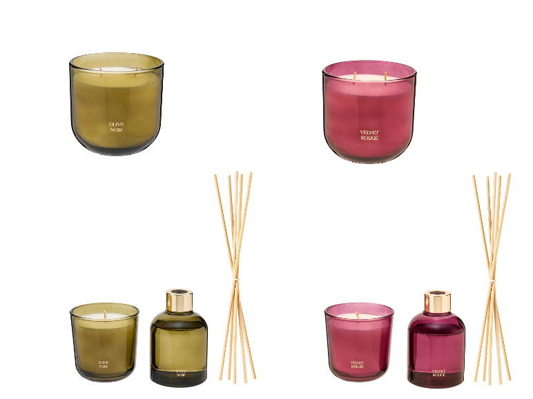 LIVARNO® Florale Duftkerze en Raumduft: groene en rode kaarsen en diffusers met stokjes.